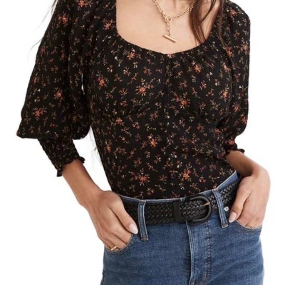 Madewell Kirstie Fresh Sprigs Sweetheart Blouse In True Black Size 2